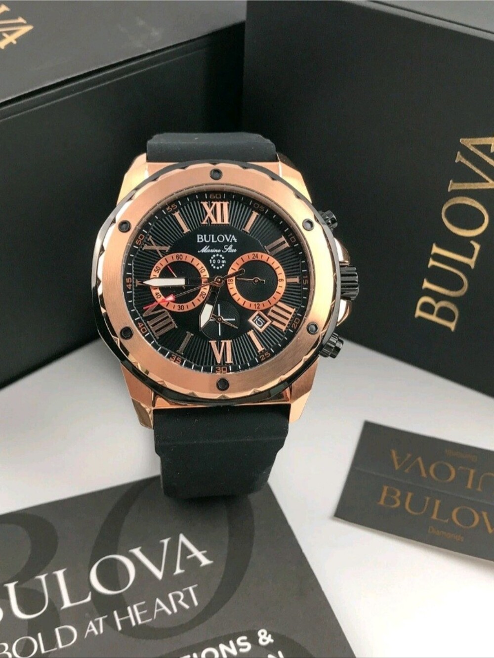 Bulova Marine Star 98B278 Black Dial Silicone Strap Men's Quartz Watch 44 mm